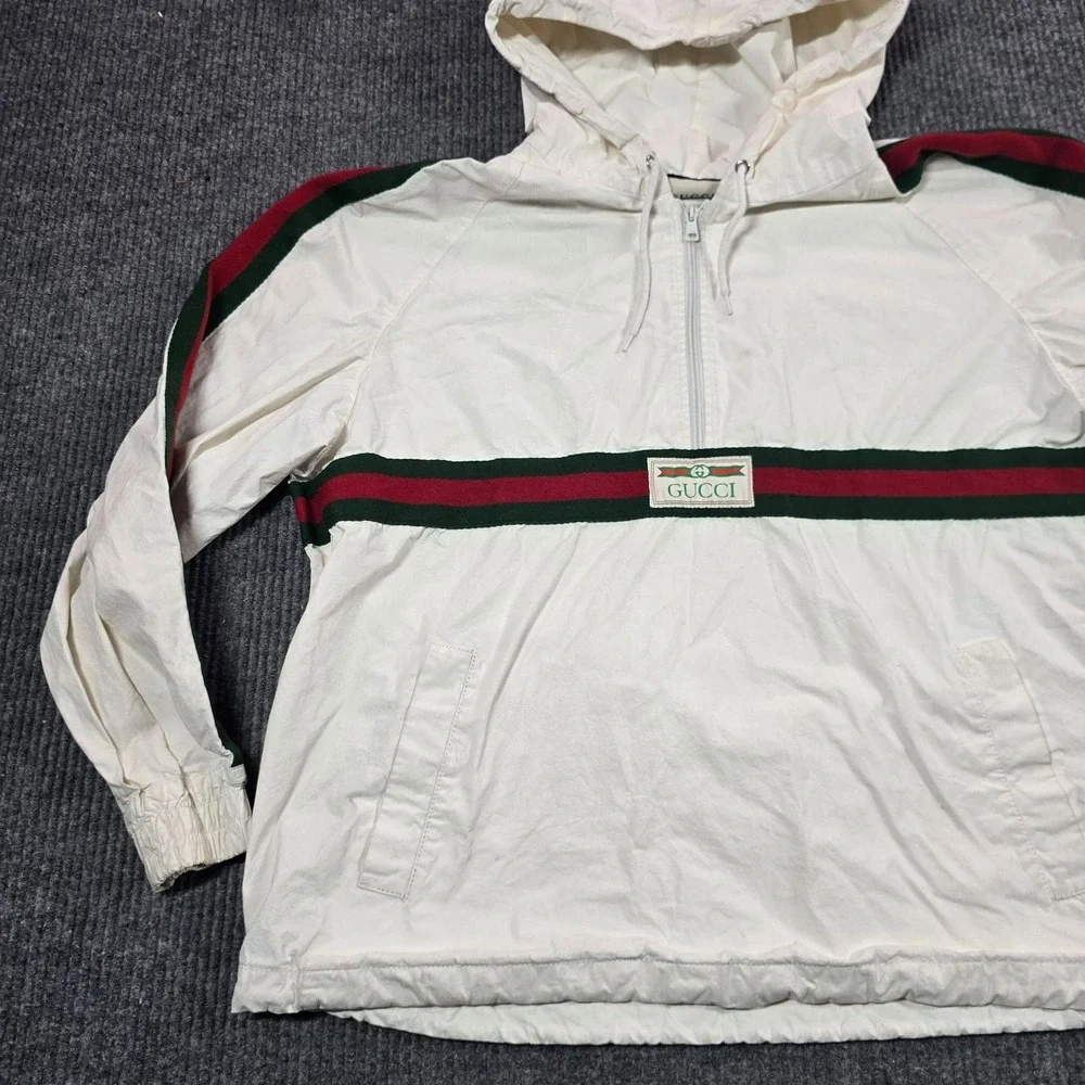 Gucci Jacket Mens IT 50 White Hooded Retro Canvas Stripe Logo Windbreaker Italy